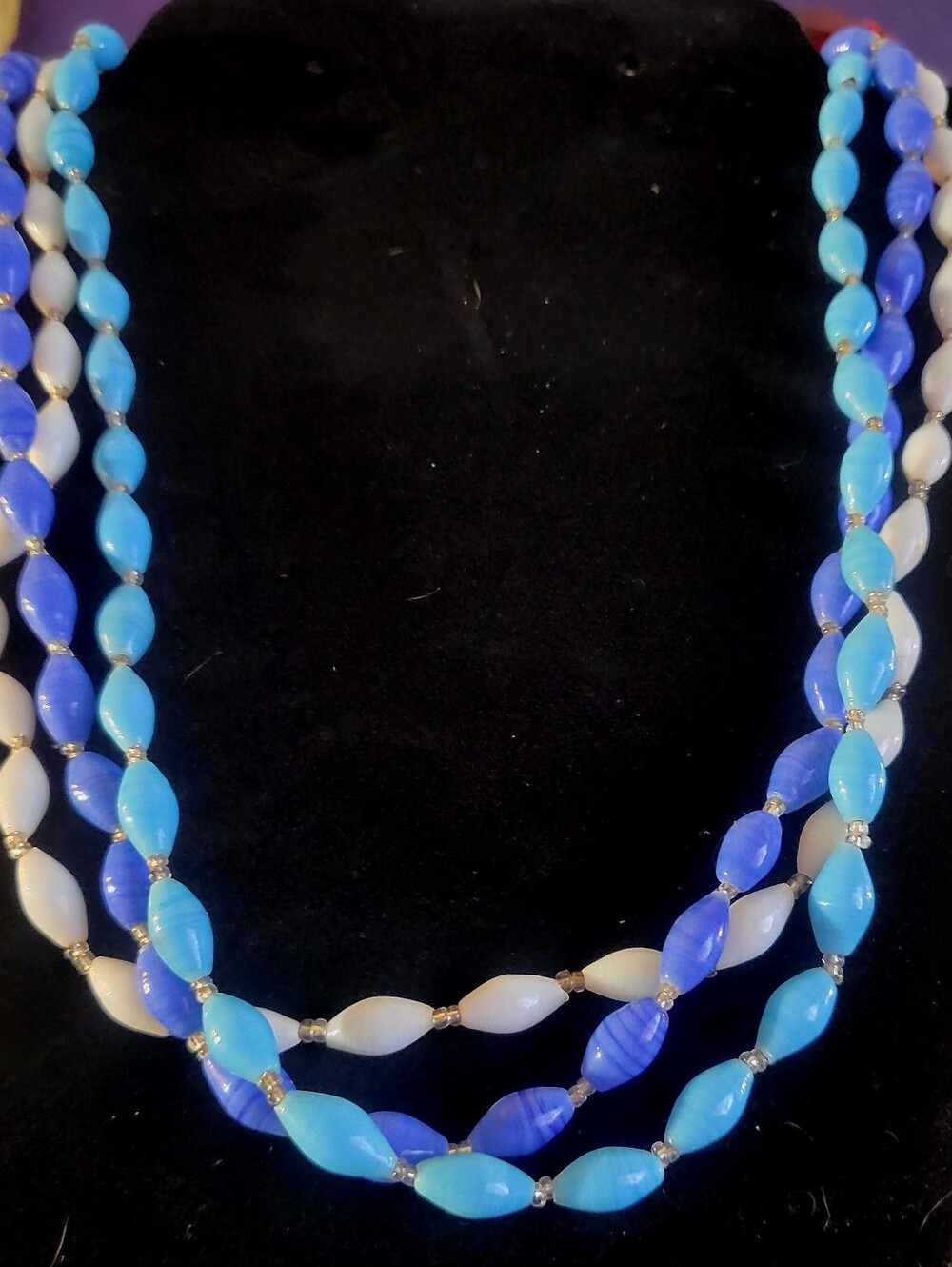 20" VTG India Glass Bead Necklace Lot Blue White Swirl Slag Glass Rice Beads Set